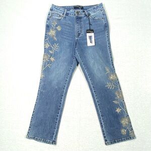 Stitch Star Pull On Jeans Women's S Floral Embroidered Straight Leg Ankle NWT